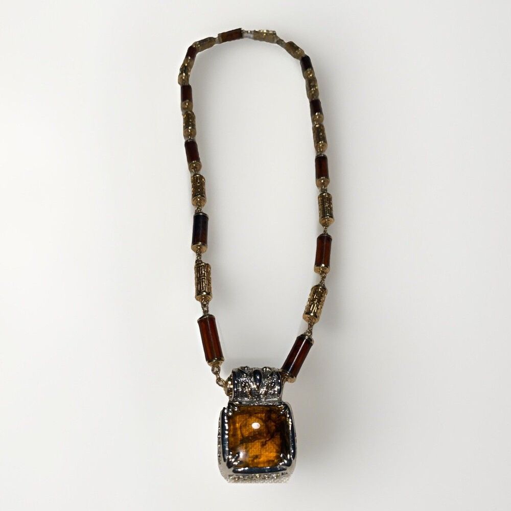 Vintage Sarah Coventry Golden Lantern Necklace 27" w/ Amber Style Silver Pendant